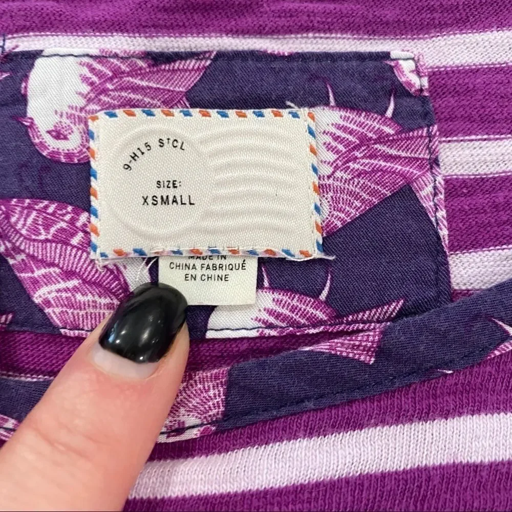 Anthropologie postmark purple Stripe Hi Lo Shirt Birds Mixed Print‎ XS Lagenlook